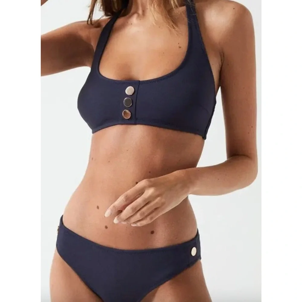 REISS Bikini Bottom Size 4 NEW Navy Blue w/ Button Swim Bottoms Swimsuit